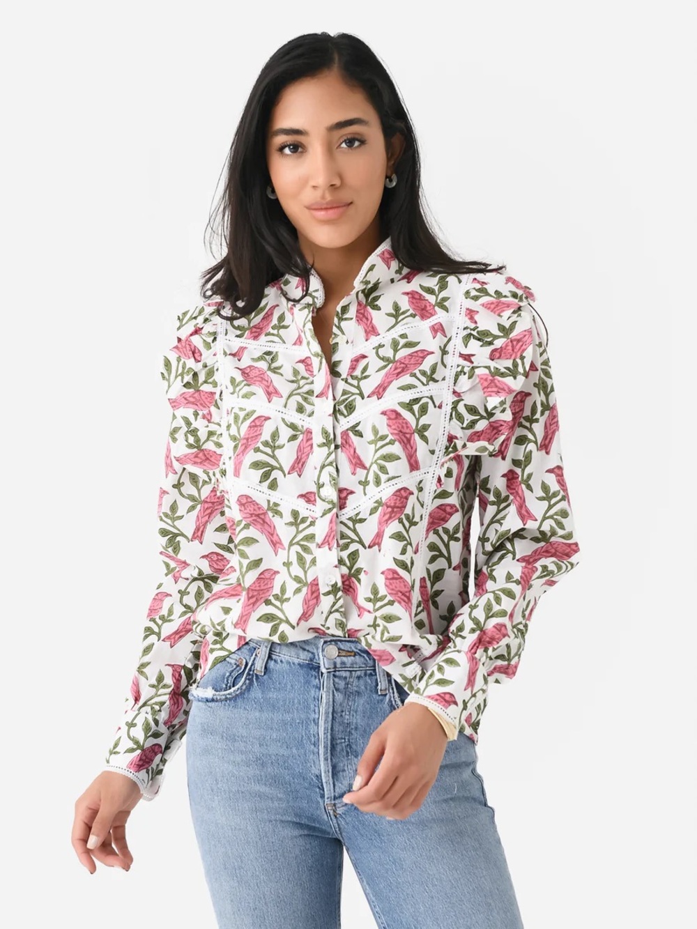 Sur La Vague Birdie Long Sleeve Ruffle Lace Trim‎ Button Up Blouse OS